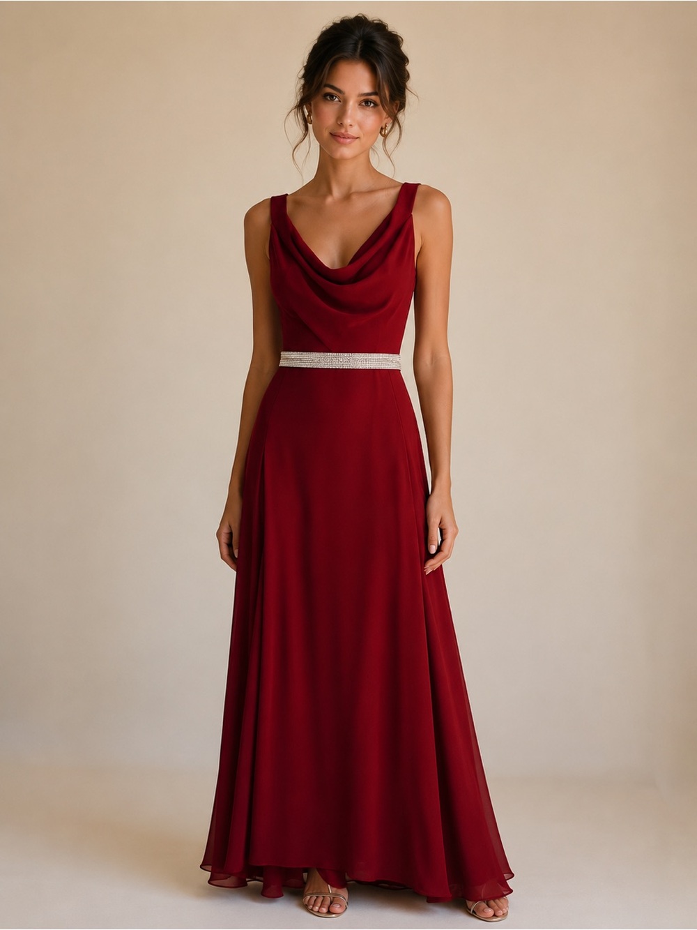 Sleeveless Burgundy Cowl Neck Maxi Dress with Beaded Waist